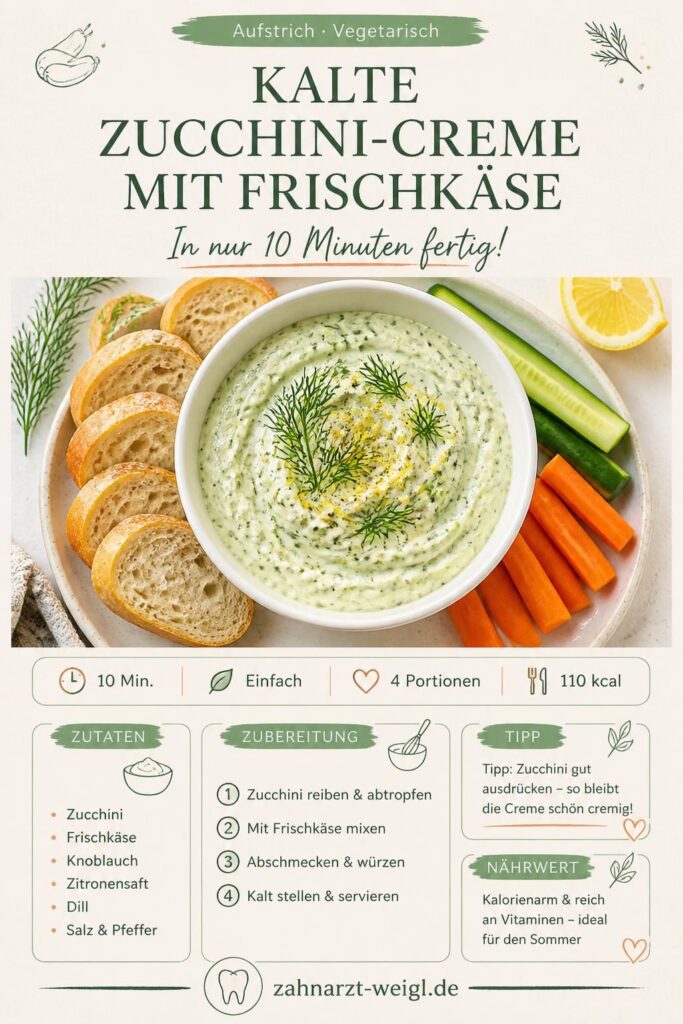 Kalte Zucchini-Creme mit Frischkäse auf Brot – Pinterest-Rezeptkarte