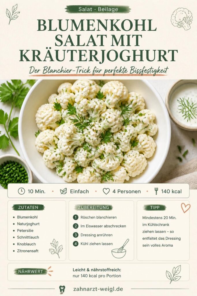 Blumenkohlsalat mit Joghurt und Kräutern – Pinterest-Rezeptkarte mit Blanchier-Trick