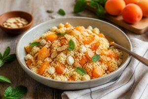 Kalter Couscous-Salat mit Aprikosen und Mandeln in einer hellen Schüssel, garniert mit frischer Minze und gehackten Mandeln, von oben fotografiert