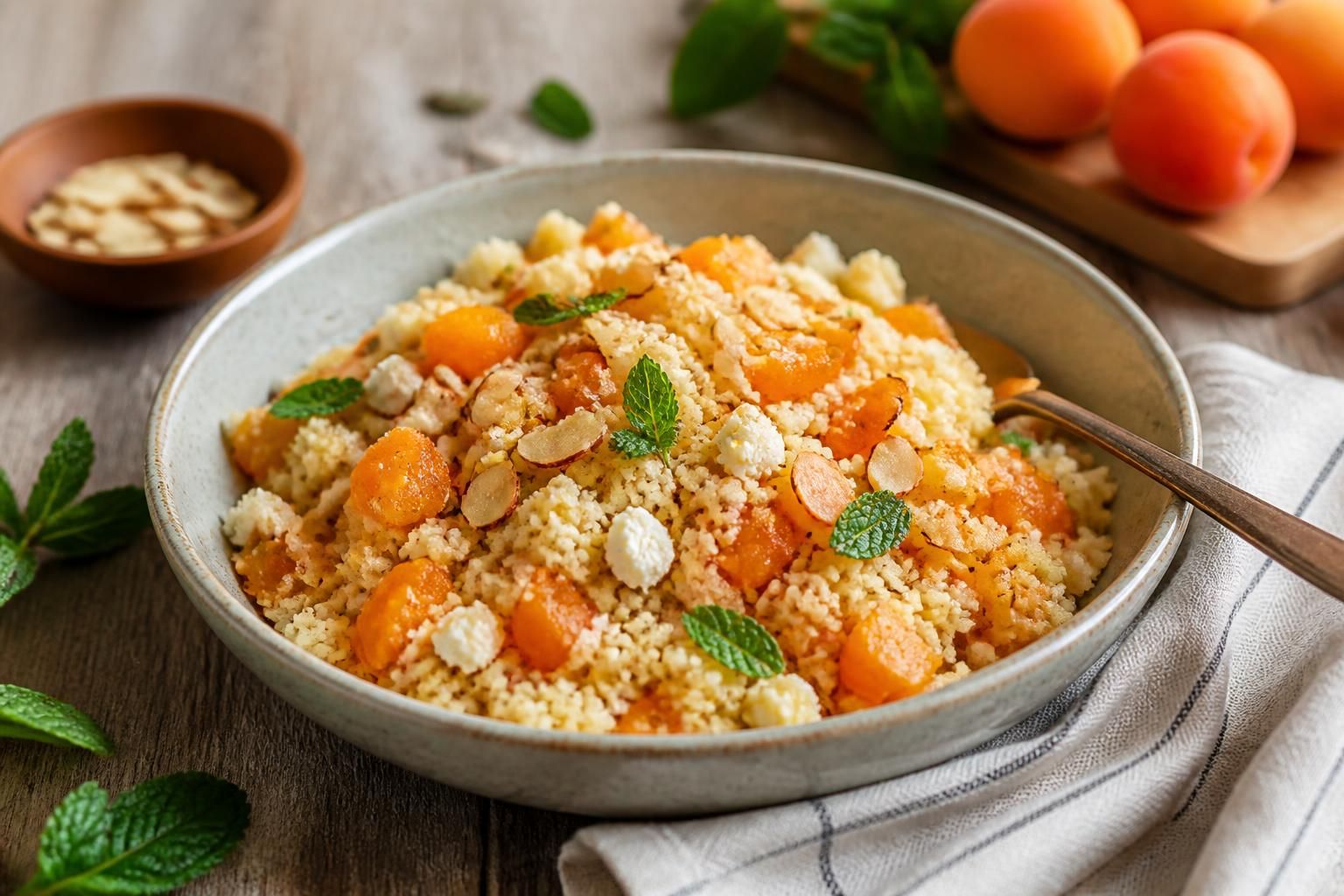 Kalter Couscous-Salat mit Aprikosen und Mandeln, das 15-Minuten-Rezept verbindet süß und herzhaft