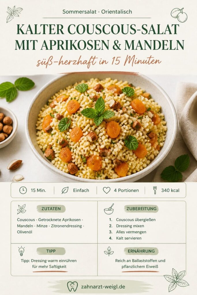 Kalter Couscous-Salat mit Aprikosen und Mandeln – Pinterest-Rezeptkarte