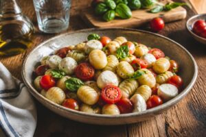 Kalter Gnocchi-Salat mit Cherrytomaten, Büffelmozzarella und frischem Basilikum in einer weißen Schüssel, von oben fotografiert