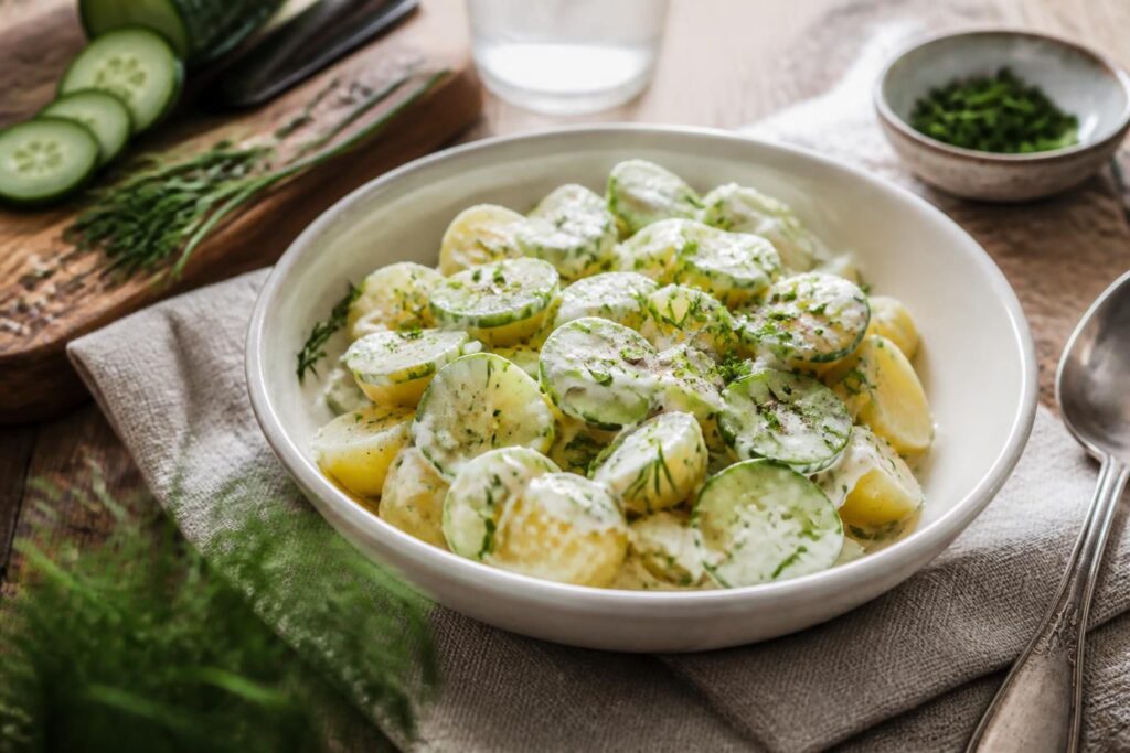 Kalter Kartoffelsalat mit Gurke und Joghurt-Dressing in einer weißen Schüssel, garniert mit frischem Dill und Frühlingszwiebeln