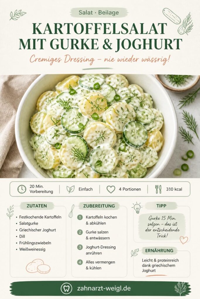 Kalter Kartoffelsalat mit Gurke und cremigem Joghurt-Dressing, garniert mit Dill und Frühlingszwiebeln