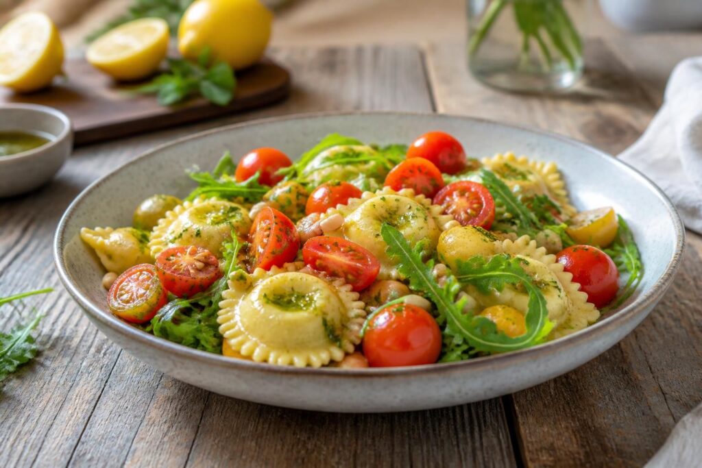 Kalter Ravioli-Salat mit Kirschtomaten, Zitronenpesto, Basilikum und Pinienkernen in einer weißen Schüssel, von oben fotografiert