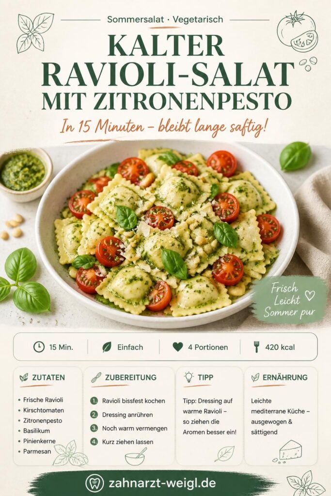 Kalter Ravioli-Salat mit Kirschtomaten und Zitronenpesto – Pinterest-Rezeptkarte