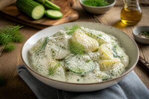Kartoffel-Gurken-Salat nach Zaziki-Art mit cremigem Joghurt-Dressing in einer weißen Schüssel, garniert mit frischem Dill und Knoblauch