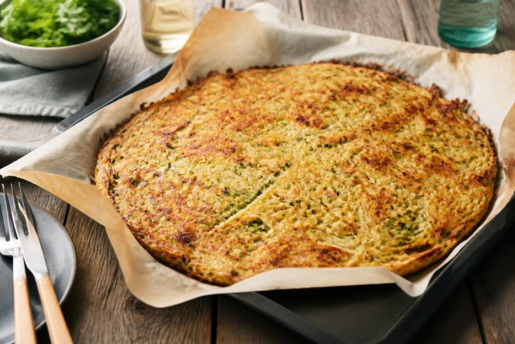Goldbraune Kartoffel-Zucchini-Rösti auf einem mit Backpapier ausgelegten Blech, frisch aus dem Ofen, mit Schmand und Schnittlauch serviert