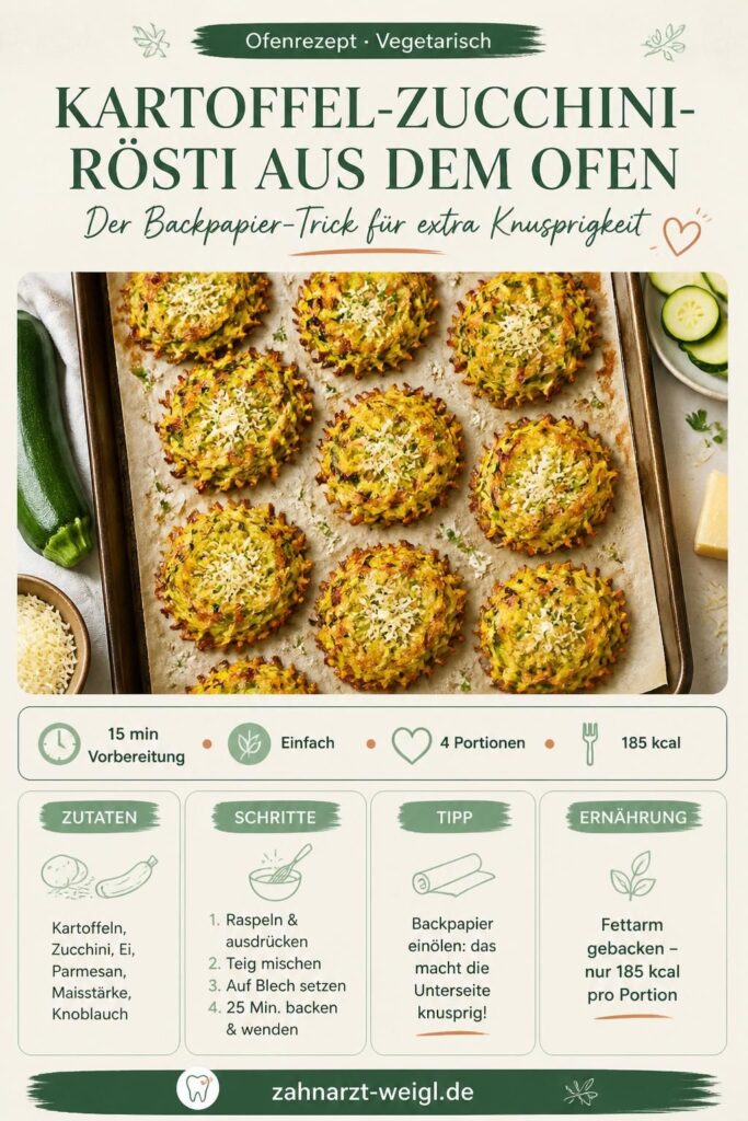 Kartoffel-Zucchini-Rösti aus dem Ofen auf eingeöltem Backpapier, goldbraun und knusprig