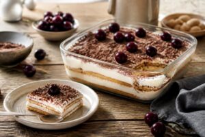 Kirsch-Butterkeks-Dessert ohne Backen in einer Auflaufform: cremige Schichten mit Sauerkirschen und Butterkeksboden, frisch aus dem Kühlschrank