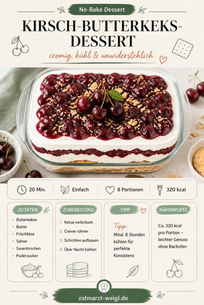 Kirsch-Butterkeks-Dessert ohne Backen: cremige Schichten mit Sauerkirschen auf einem Butterkeksboden