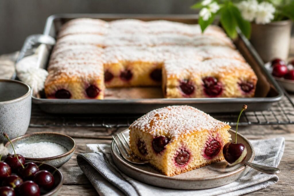 Kirsch-Kokos-Kuchen vom Blech, goldbraun gebacken mit Sauerkirschen und gerösteten Kokosflocken, angeschnitten auf einem Holzbrett