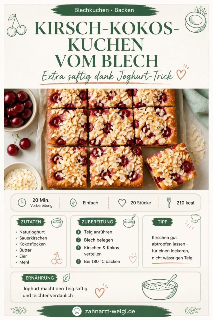 Kirsch-Kokos-Kuchen vom Blech mit Sauerkirschen und gerösteten Kokosflocken – saftiger Rührteig mit Joghurt