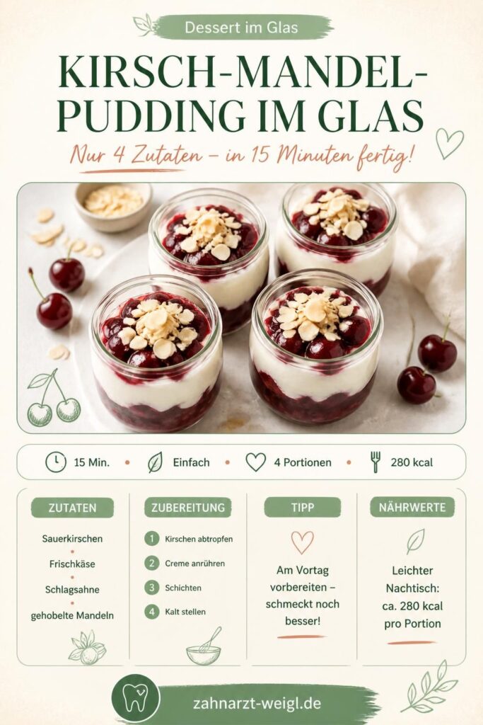 Kirsch-Mandel-Pudding im Glas – Rezept-Pin mit Zutaten und Zubereitungsschritten