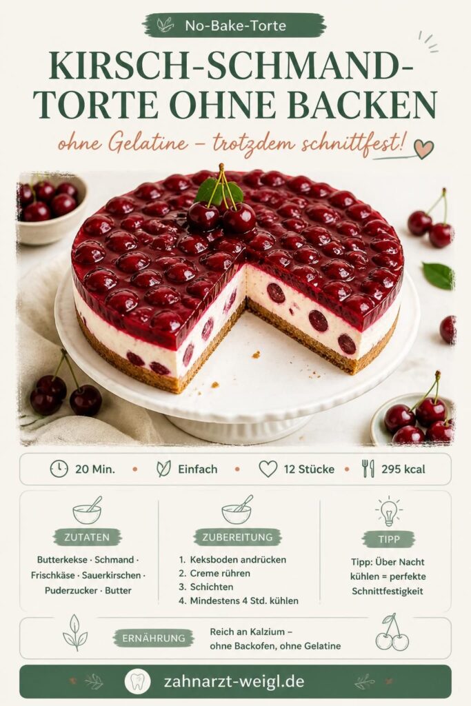 Kirsch-Schmand-Torte ohne Backen, angeschnitten auf einem Kuchenständer, mit glänzendem Kirschbelag und cremiger Füllung