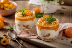 Mirabellen-Joghurt-Dessert im Glas: cremige Schichten aus Joghurtcreme und frischen Mirabellen, angerichtet in einem Dessertglas, von oben fotografiert