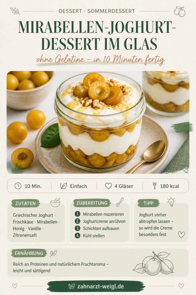Mirabellen-Joghurt-Dessert im Glas ohne Gelatine – Pinterest-Pin mit Zutaten und Zubereitungsschritten