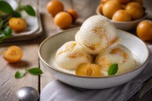 Cremiges Mirabellen-Joghurt-Eis ohne Eismaschine in einer Glasschüssel, garniert mit frischen Mirabellen und Minzblättern