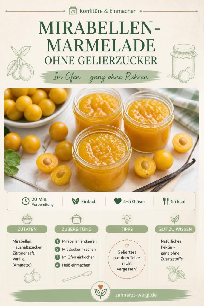 Mirabellen-Marmelade ohne Gelierzucker im Ofen eingekocht – Pinterest-Rezeptkarte