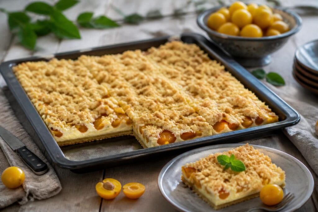 Mirabellen-Quark-Streuselkuchen vom Blech, angeschnitten – dünner Mürbeteigboden, cremige Quarklage und goldbraune Streusel sichtbar