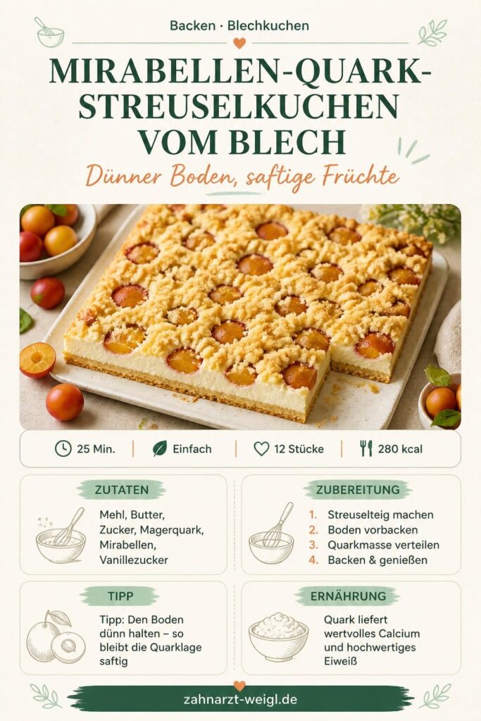 Mirabellen-Quark-Streuselkuchen vom Blech – Pinterest-Bild mit Rezept und Zutaten