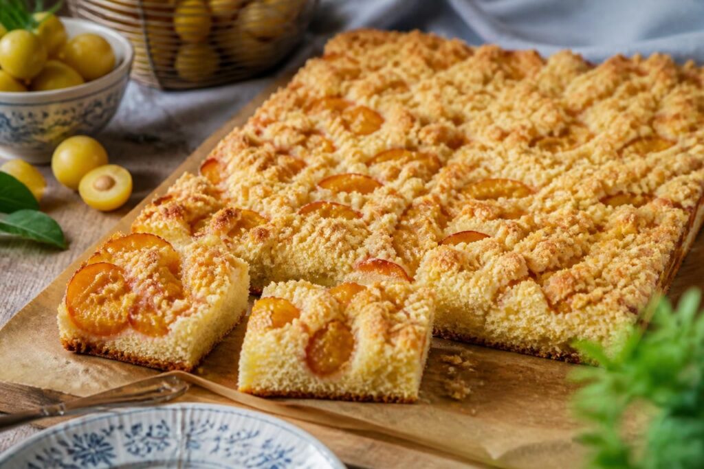 Mirabellen-Streuselkuchen vom Blech ohne Hefe, frisch gebacken, mit goldbraunen Streuseln und saftigen gelben Mirabellen auf einem 30×40-cm-Backblech