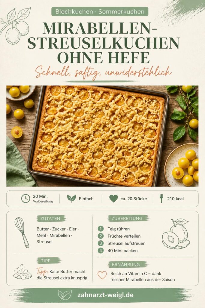 Mirabellen-Streuselkuchen vom Blech ohne Hefe – Pinterest-Bild mit Zutaten und Zubereitungsschritten