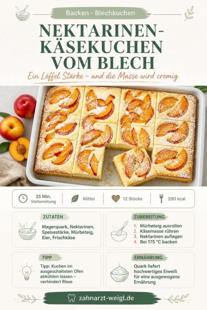 Nektarinen-Käsekuchen vom Blech mit cremiger Quarkmasse und Nektarinenscheiben – Pinterest-Rezeptkarte