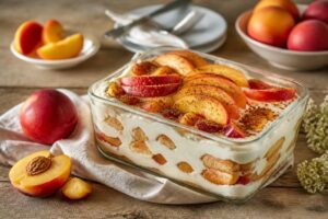 Nektarinen-Tiramisu ohne Ei und Kaffee in einer Glasschüssel – cremige Mascarpone-Schichten mit frischen Nektarinenscheiben und Löffelbiskuits, garniert mit Puderzucker