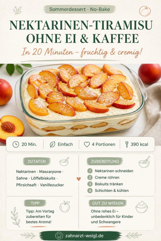 Nektarinen-Tiramisu ohne Ei und Kaffee – cremige Schichten mit frischen Nektarinen und Löffelbiskuits in einer Glasform, bestäubt mit Puderzucker