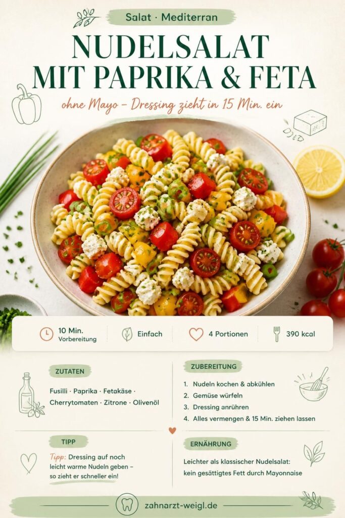 Nudelsalat mit Paprika und Feta ohne Mayonnaise – Pinterest-Rezeptkarte mit Zutaten und Zubereitung
