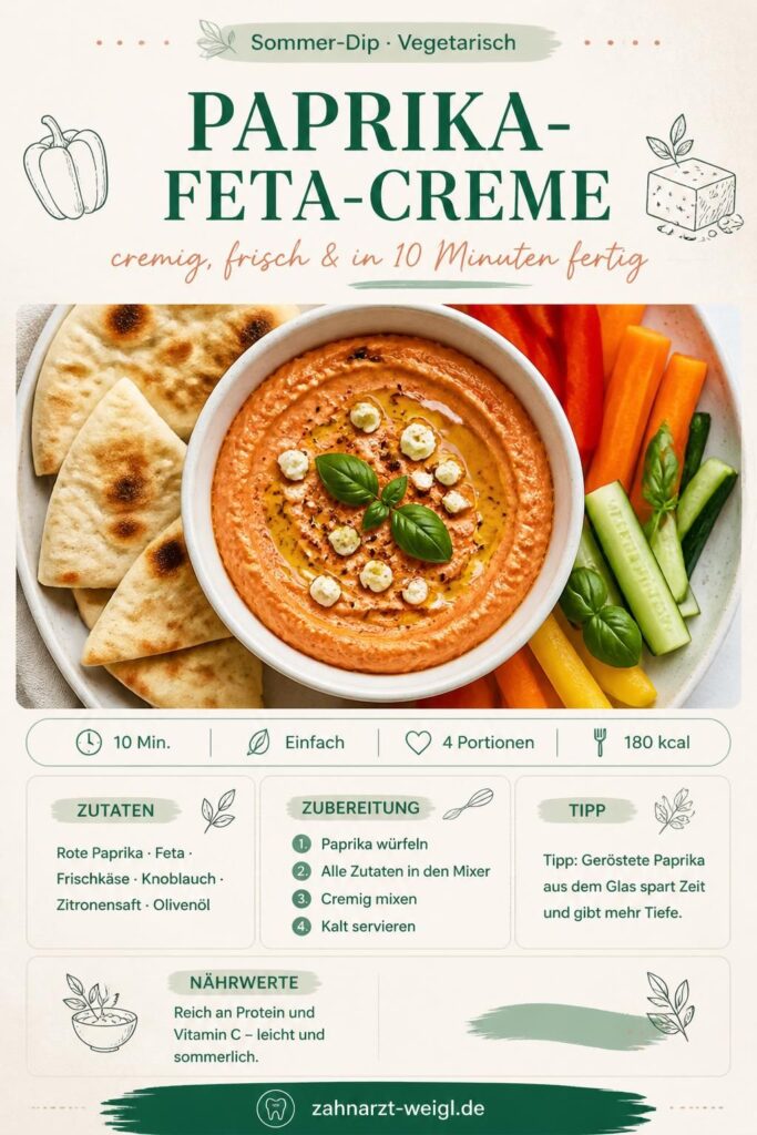 Kalte Paprika-Feta-Creme aus dem Mixer – cremiger Sommer-Dip in 10 Minuten, serviert mit Fladenbrot und Gemüsesticks