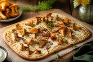 Pfifferling-Flammkuchen mit Frischkäse-Belag auf einem Holzbrett, goldbraune Ränder und frische Pfifferlinge, Draufsicht