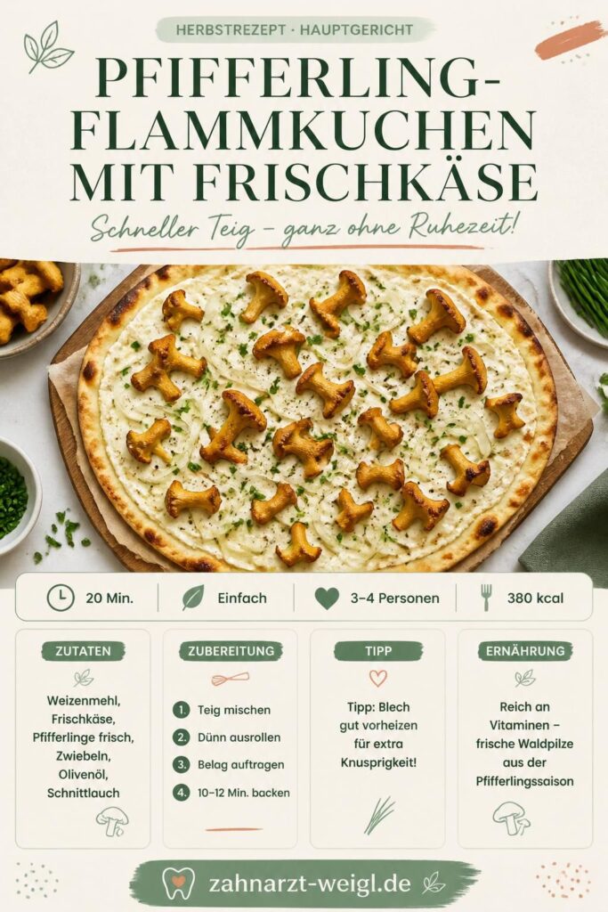 Pfifferling-Flammkuchen mit Frischkäse-Belag – schneller Teig ohne Ruhezeit, Pinterest-Rezeptkarte