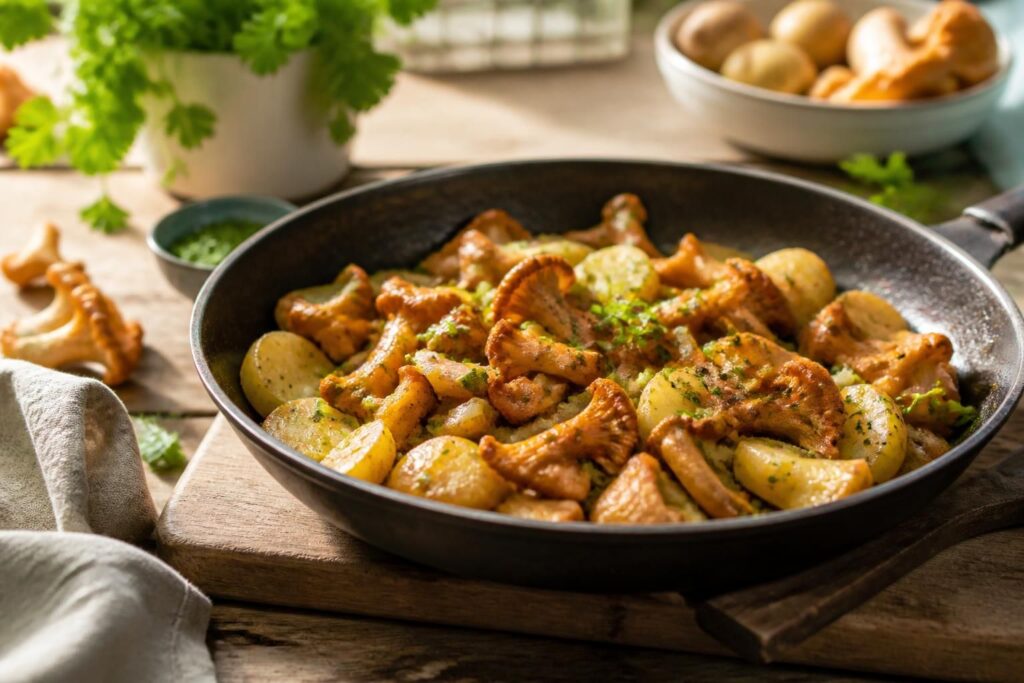 Pfifferling-Kartoffel-Pfanne mit frischer Petersilie und Schnittlauch in einer gusseisernen Pfanne, von oben fotografiert