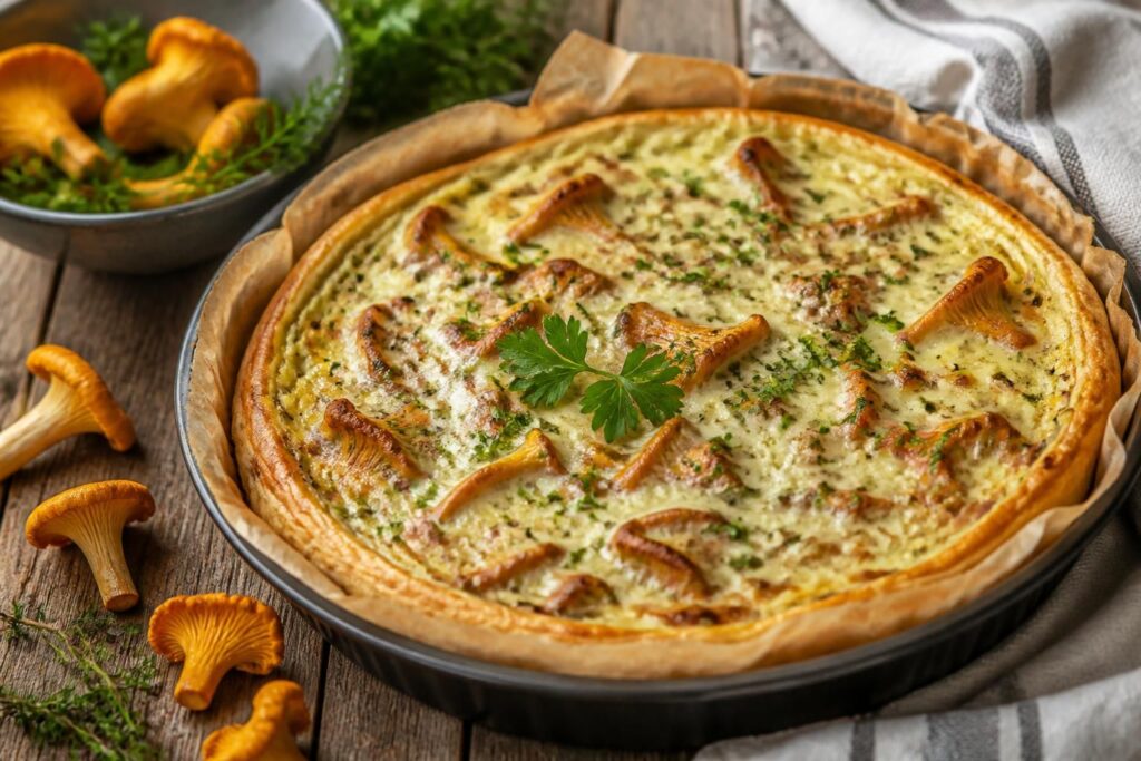 Pfifferling-Quiche mit Blätterteig im Anschnitt, goldbrauner Boden und cremiger Eiersahne-Guss mit frischen Pfifferlingen