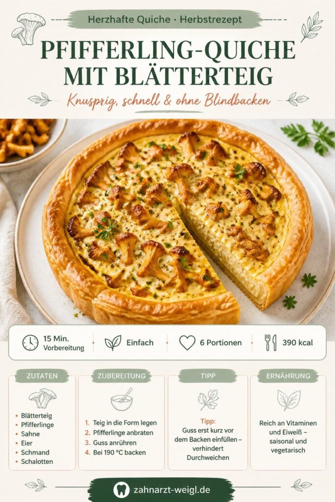Pfifferling-Quiche mit Blätterteig – knusprig gebacken, goldbraun im Anschnitt, Pinterest-Rezeptkarte