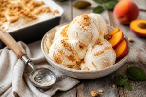 Pfirsich-Cheesecake-Eis ohne Eismaschine in einer Metallbox, garniert mit frischen Pfirsichscheiben und Kekskrümeln auf hellem Holzuntergrund