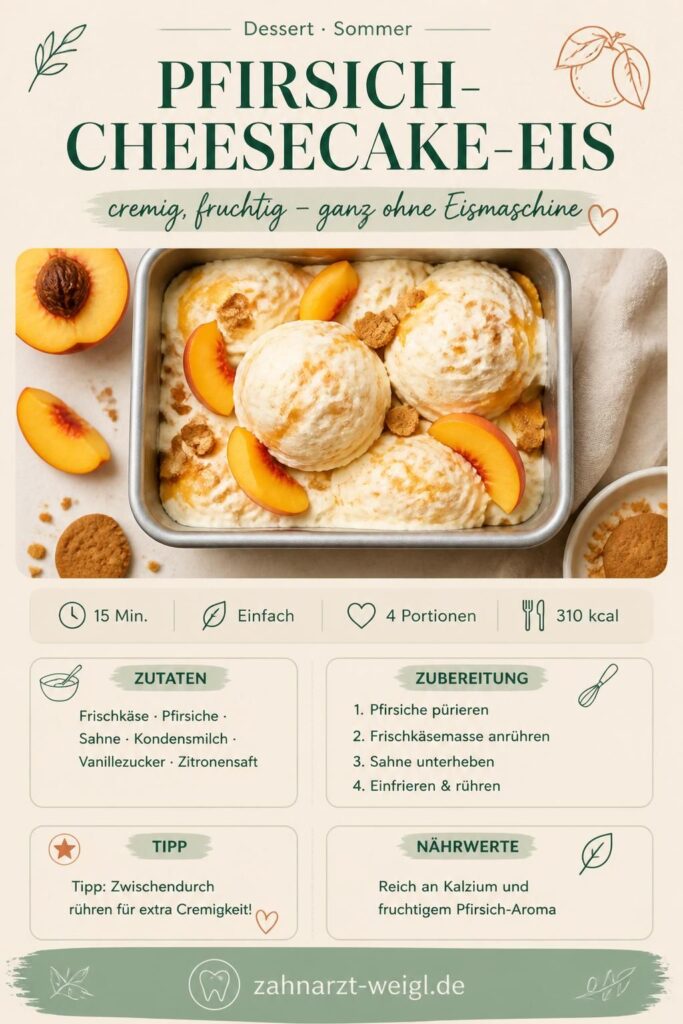 Pfirsich-Cheesecake-Eis ohne Eismaschine – cremige Kugeln mit frischen Pfirsichen auf hellem Holzbrett
