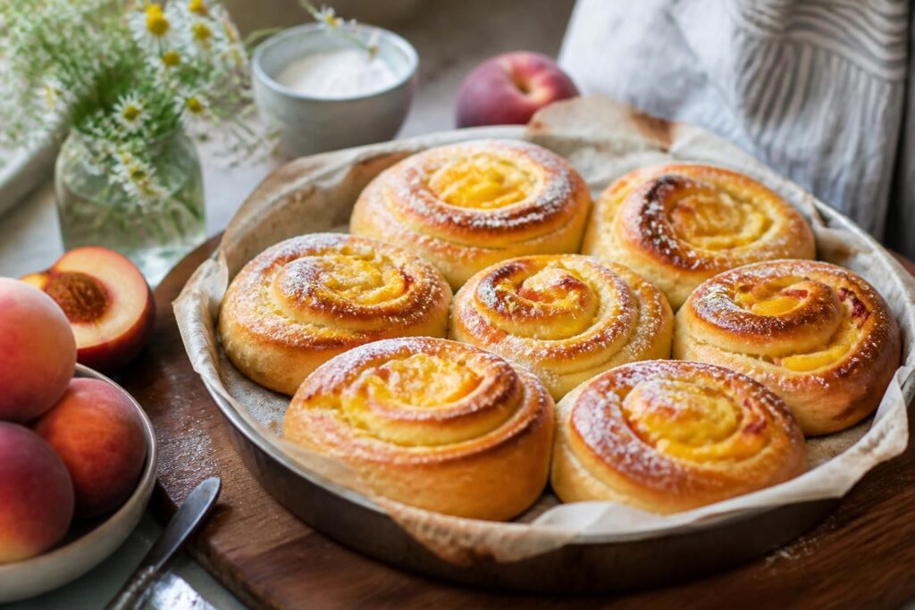 Pfirsich-Pudding-Schnecken ohne Hefe auf einem Backgitter – goldbraun gebacken mit cremiger Vanillefüllung und saftigen Pfirsichstücken, Quarkteig-Rezept in 30 Minuten