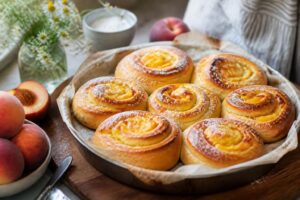 Pfirsich-Pudding-Schnecken ohne Hefe auf einem Backgitter – goldbraun gebacken mit cremiger Vanillefüllung und saftigen Pfirsichstücken, Quarkteig-Rezept in 30 Minuten