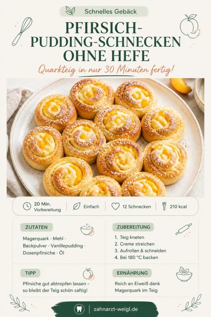 Pfirsich-Pudding-Schnecken ohne Hefe – Quarkteig-Rezept in 30 Minuten, goldbraun gebacken mit Vanillecreme und Pfirsichfüllung