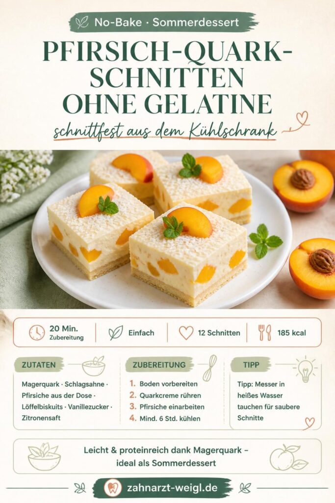 Pfirsich-Quark-Schnitten ohne Gelatine – Pinterest-Bild mit Rezept und Nährwerten