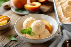 Pfirsich-Softeis ohne Eismaschine in einer weißen Schüssel, mit frischen Pfirsichscheiben garniert, auf hellem Holzuntergrund