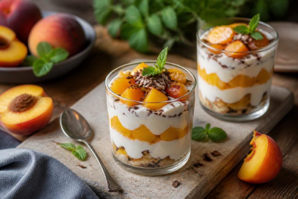 Pfirsich-Stracciatella-Dessert im Glas: cremige Mascarpone-Schichten mit Schokoladenraspeln und Pfirsichstücken, angerichtet in einem klaren Glas