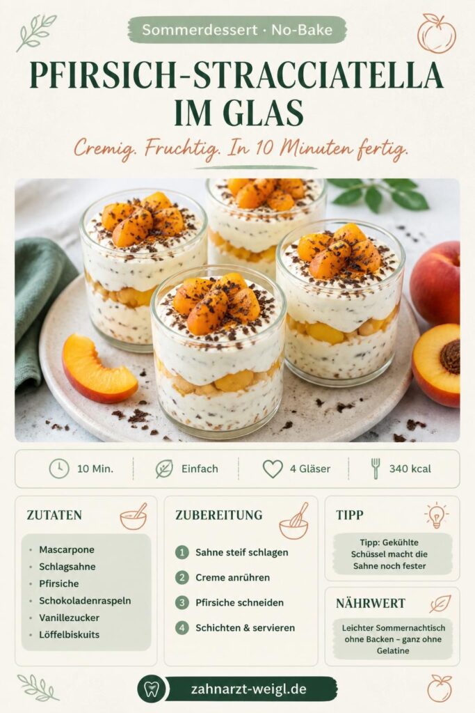 Pfirsich-Stracciatella-Dessert im Glas: cremige Schichten mit Schokoladenraspeln und Pfirsichstücken – Pinterest-Pin