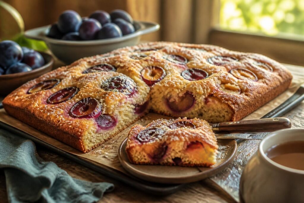 Saftiger Pflaumen-Buttermilch-Blechkuchen frisch aus dem Ofen, goldbraun gebacken mit saftigen Zwetschgen auf lockerem Rührteig, auf einem rustikalen Holztisch