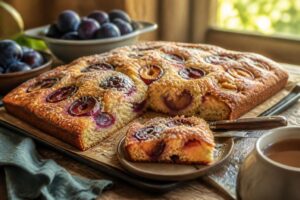 Saftiger Pflaumen-Buttermilch-Blechkuchen frisch aus dem Ofen, goldbraun gebacken mit saftigen Zwetschgen auf lockerem Rührteig, auf einem rustikalen Holztisch