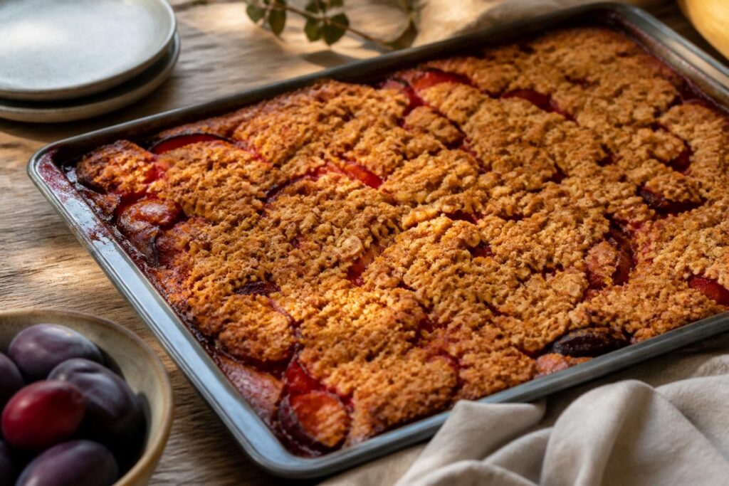 Pflaumen-Crumble vom Blech mit goldenen Haferflocken-Streuseln, frisch aus dem Ofen, auf einem Holzbrett mit einer Kugel Vanilleeis
