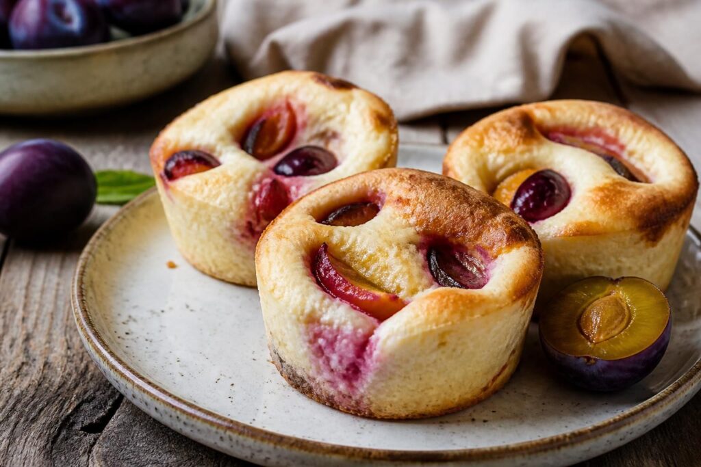 Pflaumen-Käsekuchen-Muffins ohne Boden, die cremige Füllung gelingt mit nur fünf Zutaten